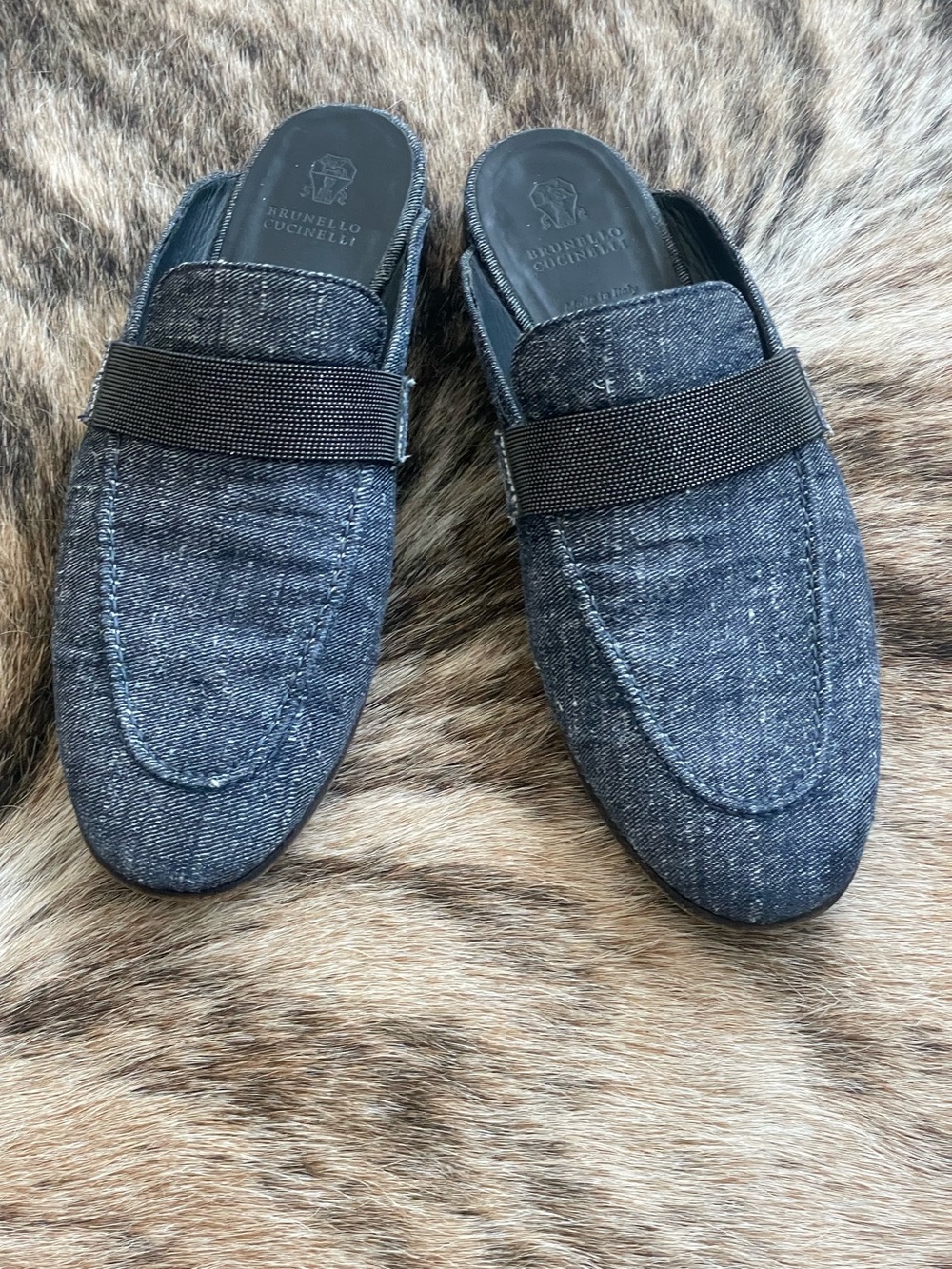 Brunello Cucinelli Monili Trim Denim Mules Blue 39.5 Flat Backless Loafers